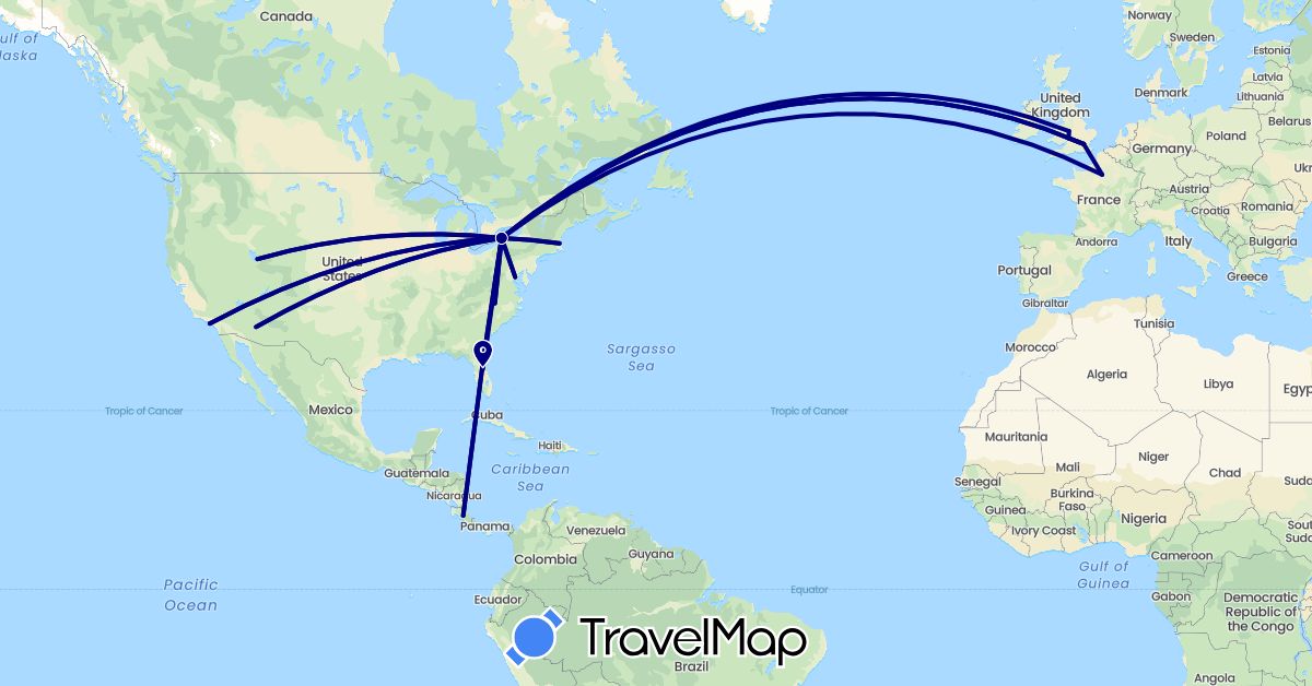TravelMap itinerary: driving in Costa Rica, France, United Kingdom, United States (Europe, North America)
